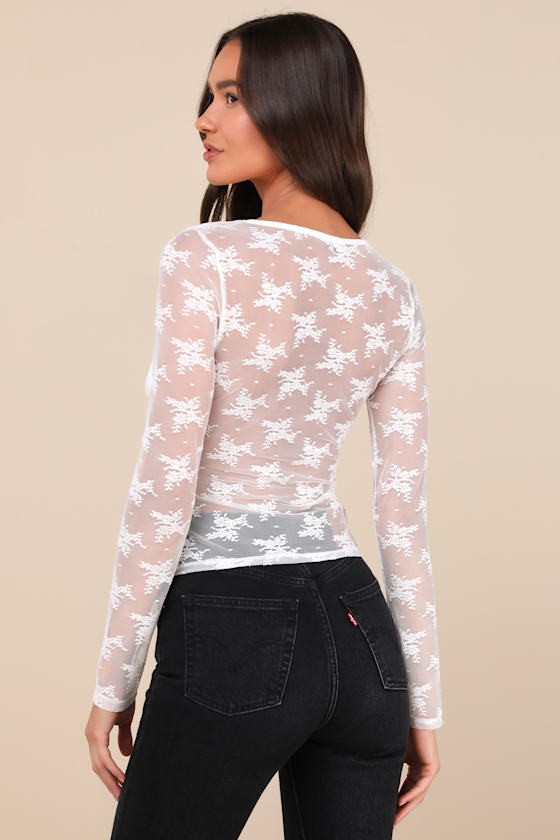Lulus Decadently Sweet White Lace Sheer Back Long Sleeve Top In White