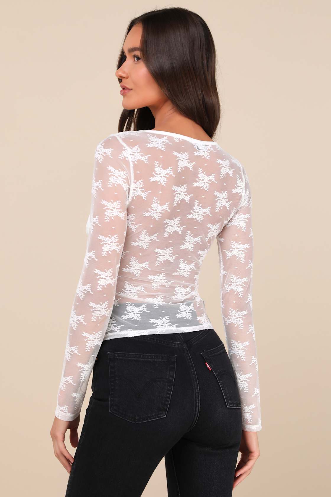 Decadently Sweet White Lace Sheer Back Long Sleeve Top