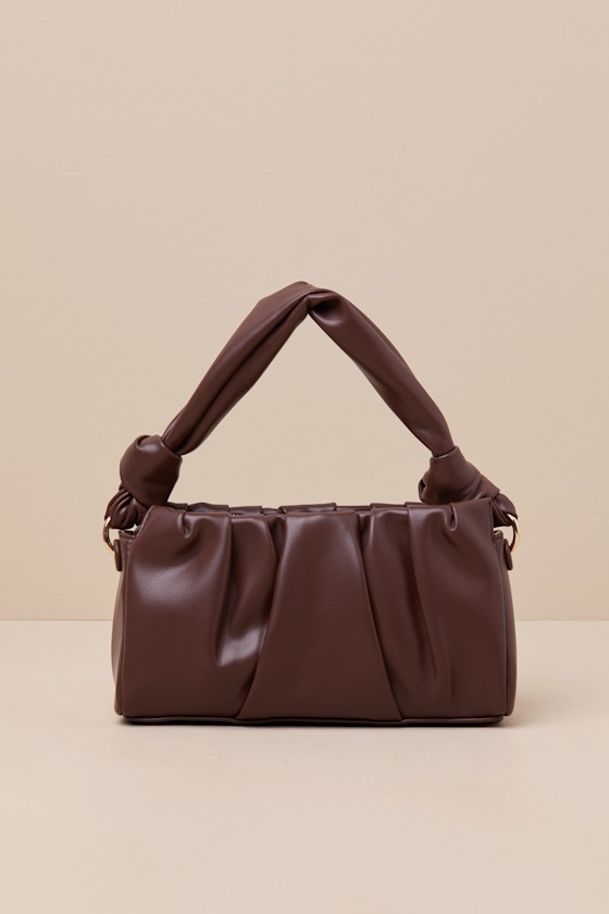 Brown Pleated Bag - Knotted Shoulder Bang - Faux Leather Handbag