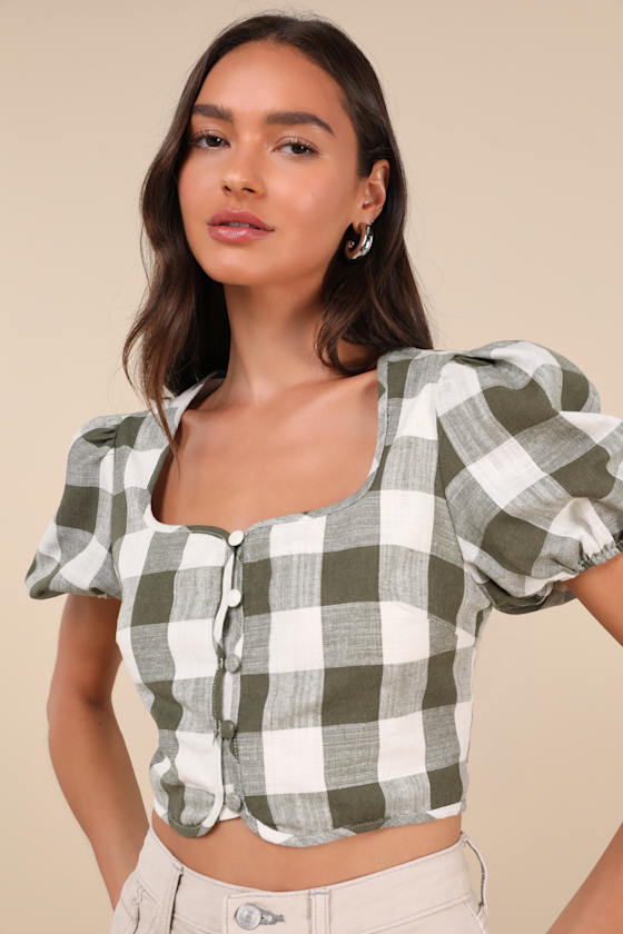 Cutest Whimsy Green Gingham Puff Sleeve Button-Front Crop Top 2