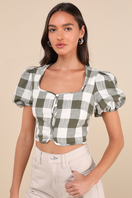 LULUS CUTEST WHIMSY GREEN GINGHAM PUFF SLEEVE BUTTON-FRONT CROP TOP