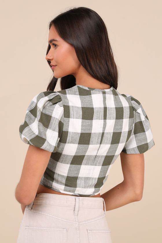 LULUS CUTEST WHIMSY GREEN GINGHAM PUFF SLEEVE BUTTON-FRONT CROP TOP