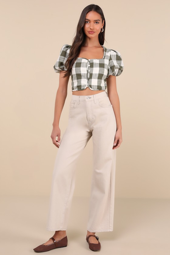 Cutest Whimsy Green Gingham Puff Sleeve Button-Front Crop Top 5