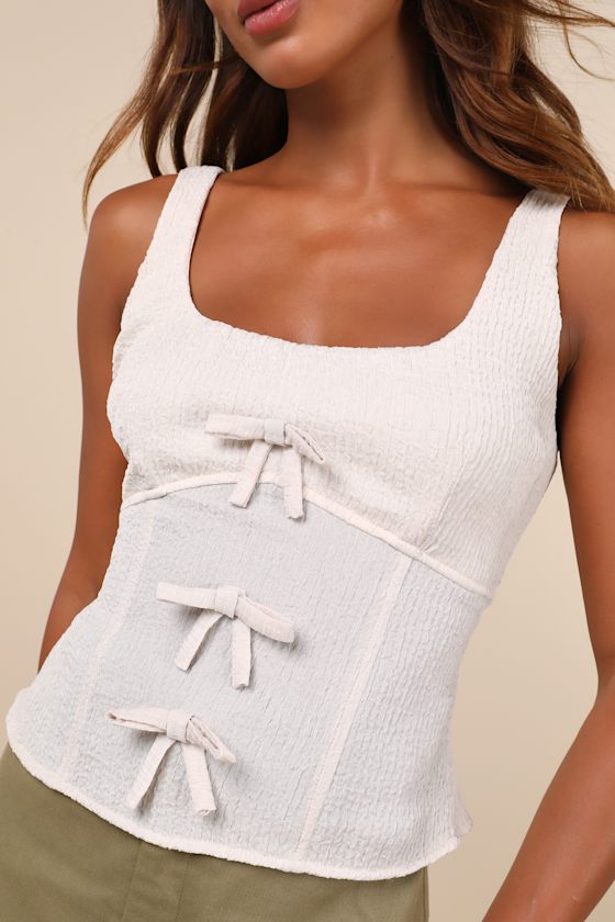 Lulus Coquette Aspect Beige Textured Bow Tank Top