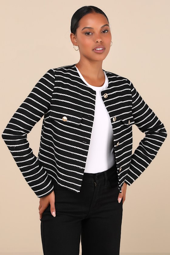 Lulus Poised Inclination Black And White Striped Collarless Jacket In Black And White