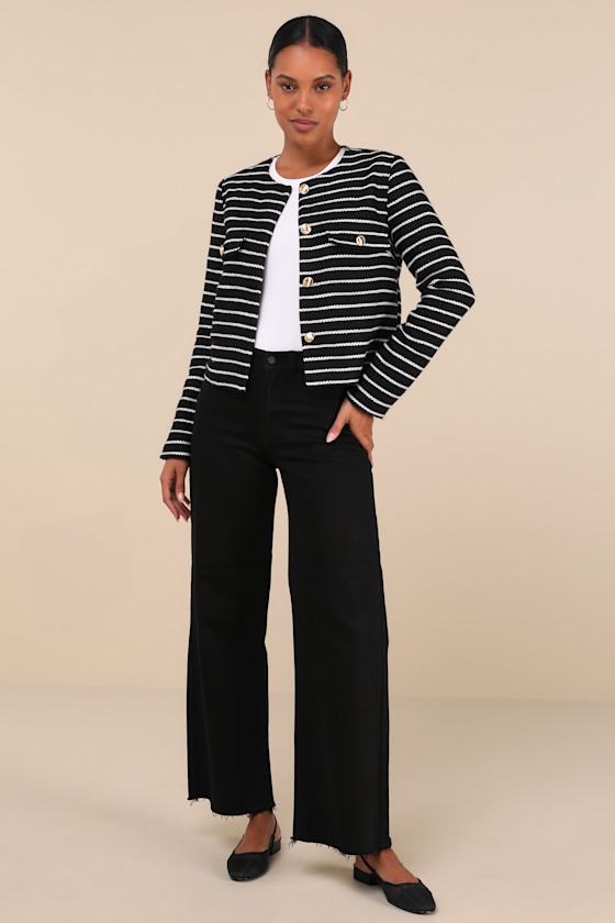 Lulus Poised Inclination Black And White Striped Collarless Jacket In Black And White
