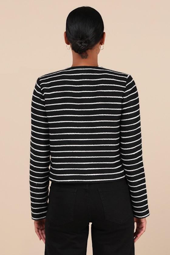 Lulus Poised Inclination Black And White Striped Collarless Jacket In Black And White