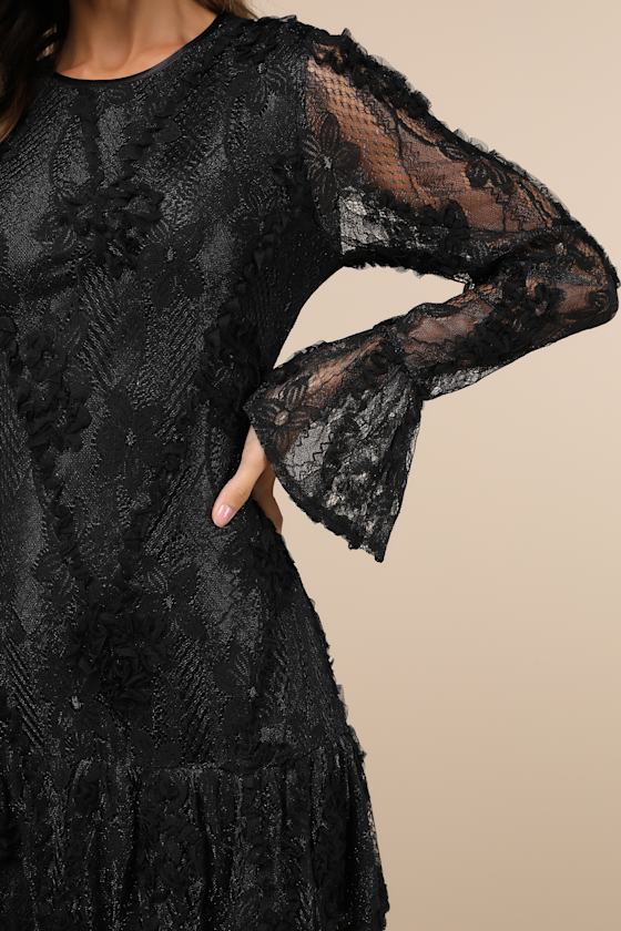 Lulus Darling Era Black Lace Applique Long Sleeve Ruffled Mini Dress In Black