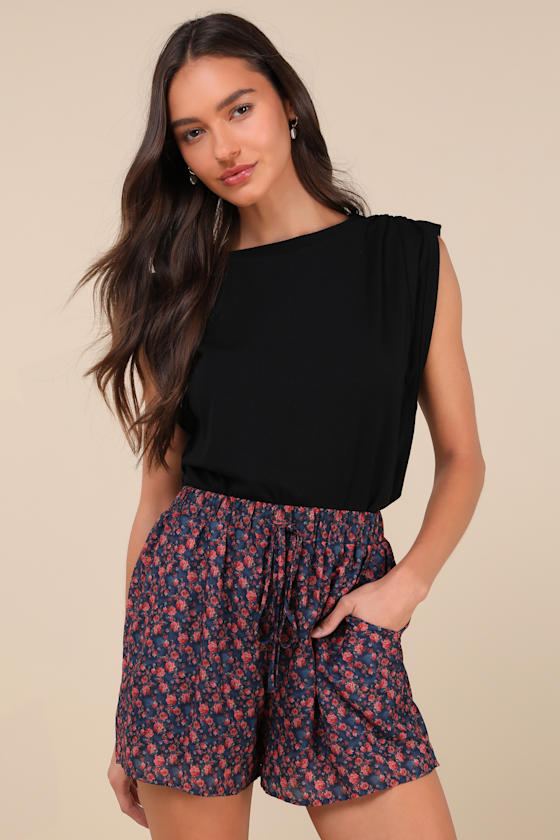 Lulus Prettiest Blossom Dark Blue Rose Print Drawstring Shorts In Dark Blue