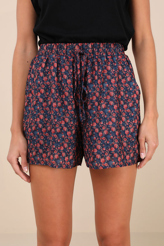 Lulus Prettiest Blossom Dark Blue Rose Print Drawstring Shorts In Dark Blue