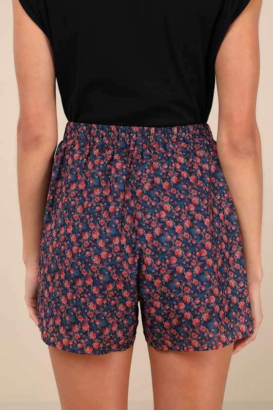 Lulus Prettiest Blossom Dark Blue Rose Print Drawstring Shorts In Dark Blue