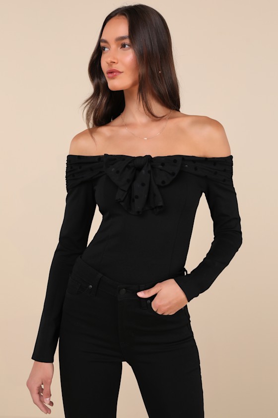 Bowknot solid long sleeve off shoulder 2-way top