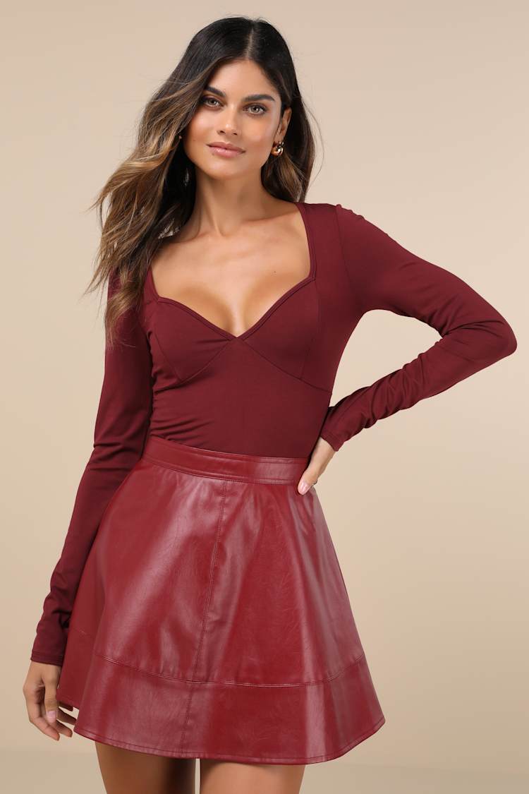 Burgundy Skirt - Skater Mini Skirt - Vegan Leather Mini Skirt - Lulus