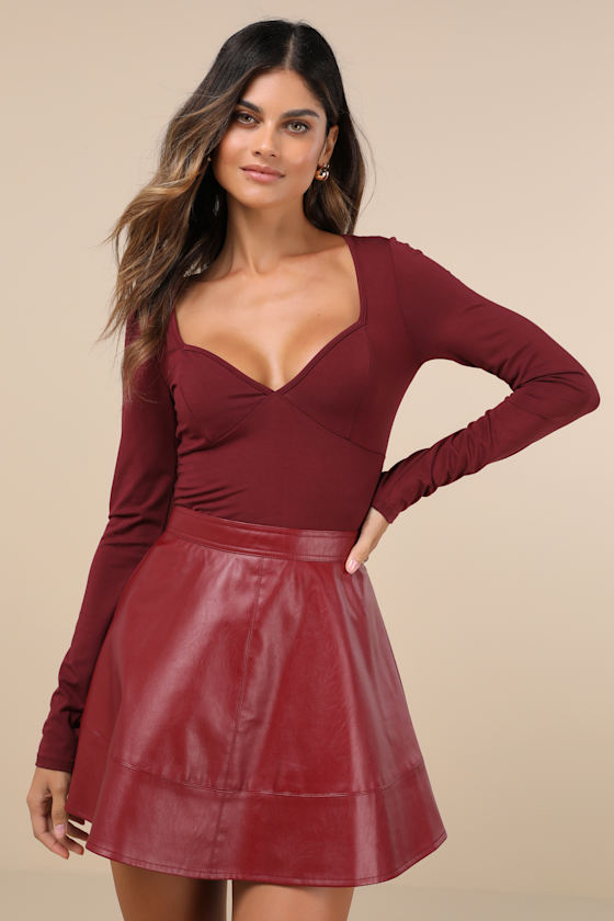 Modish Cutie Burgundy Vegan Leather High-Rise Skater Mini Skirt 1