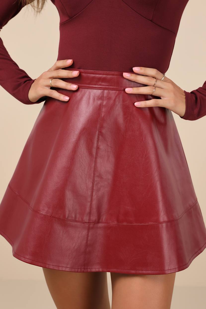 Burgundy Skirt - Skater Mini Skirt - Vegan Leather Mini Skirt - Lulus