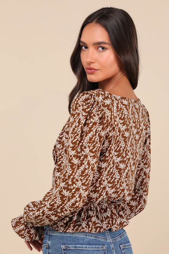 Autumn Blossom Brown Floral Button-Front Long Sleeve Top 5