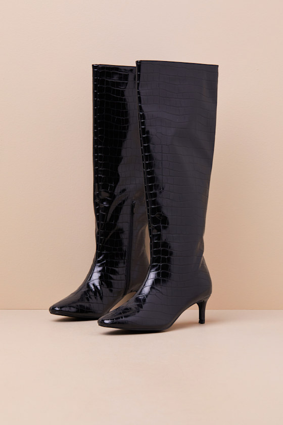 Lulus Rohmer Black Croc-embossed Over-the-knee Boots In Black
