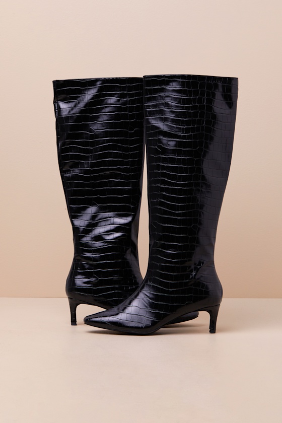 Lulus Rohmer Black Croc-embossed Over-the-knee Boots In Black