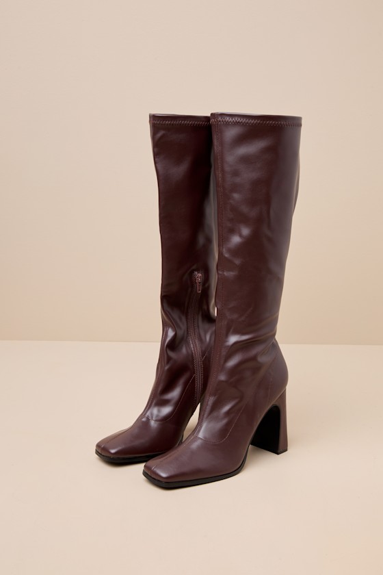 Lulus Albane Chocolate Square Toe Knee-high Boots In Brown