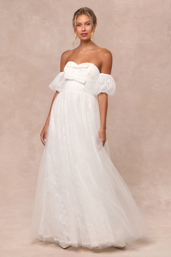 Complete Romantic White Lace Off-the-Shoulder Bow Maxi Dress 1