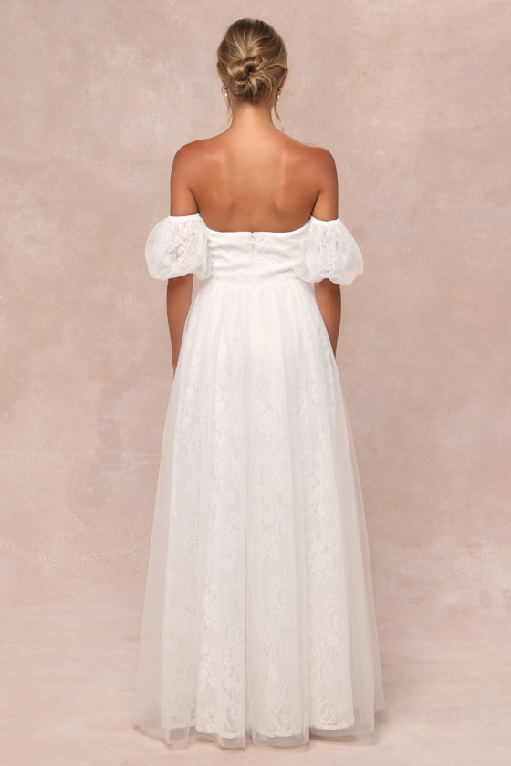 Lulus Complete Romantic White Lace Off-the-shoulder Bow Maxi Dress In White