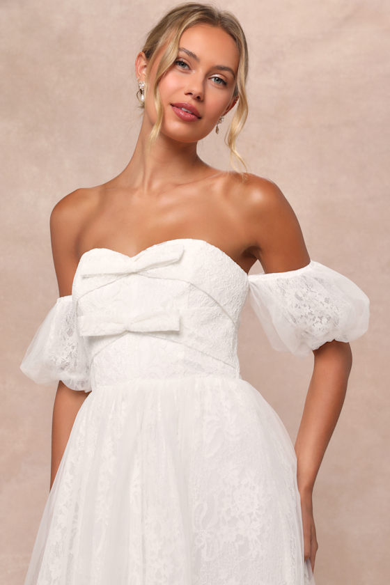 Lulus Complete Romantic White Lace Off-the-shoulder Bow Maxi Dress In White