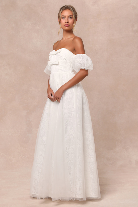 Lulus Complete Romantic White Lace Off-the-shoulder Bow Maxi Dress In White