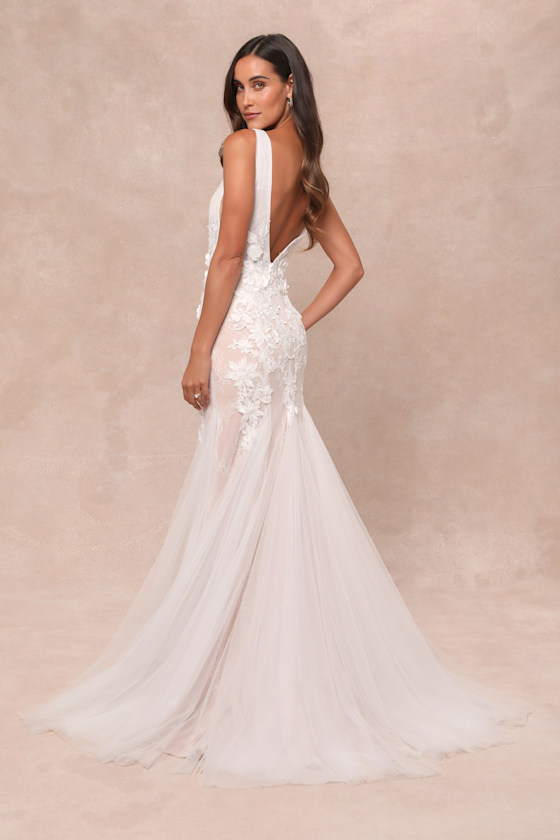 Lulus Exceptional Vow White Tulle Lace Applique Mermaid Maxi Dress In White