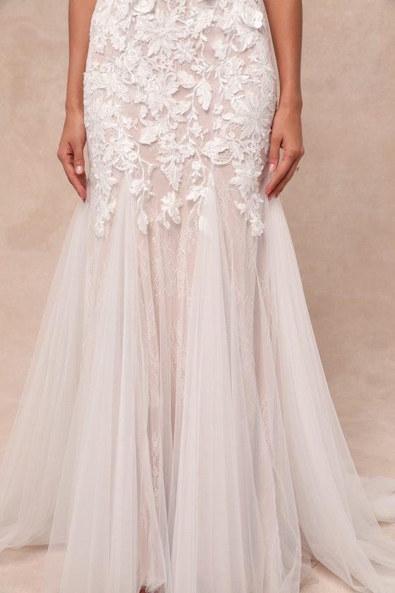 Lulus Exceptional Vow White Tulle Lace Applique Mermaid Maxi Dress In White