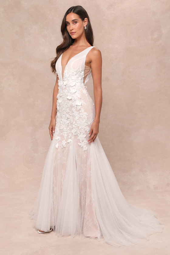 Lulus Exceptional Vow White Tulle Lace Applique Mermaid Maxi Dress In White