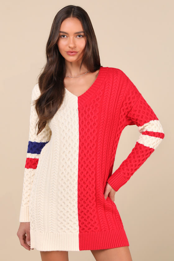 Lulus Bold Comfort Ivory And Red Color Block Cable Sweater Mini Dress In Ivory