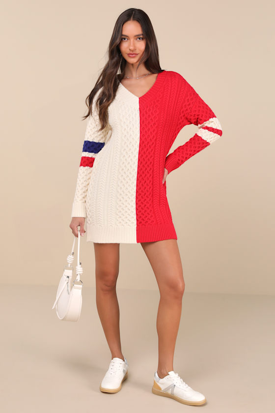 Bold Comfort Ivory and Red Color Block Cable Sweater Mini Dress 4