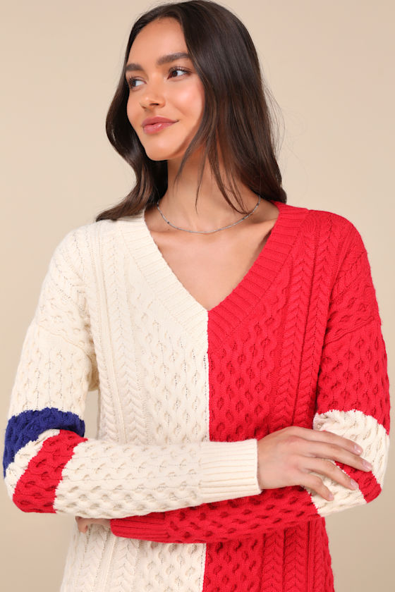 Lulus Bold Comfort Ivory And Red Color Block Cable Sweater Mini Dress In Ivory