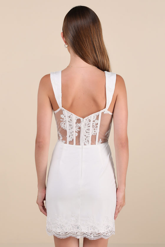 Lulus Coveted Delight White Sequin Mesh Embroidered Bustier Mini Dress In White