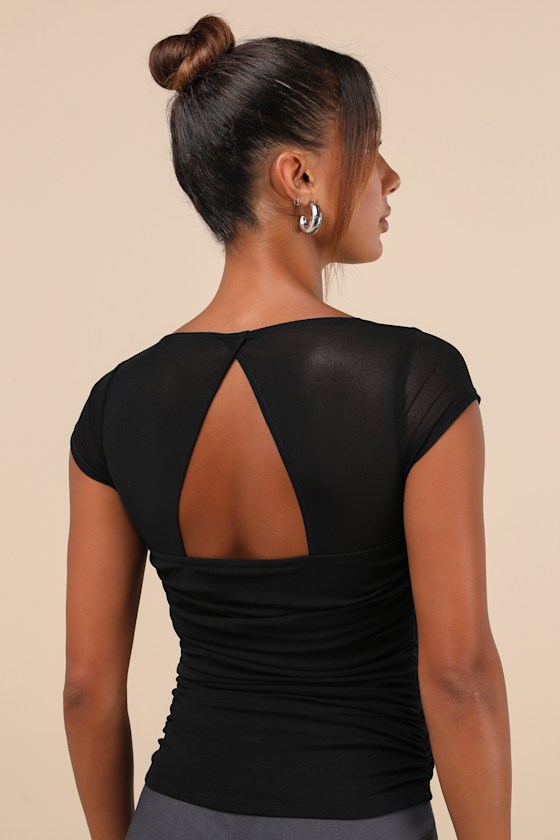 Exceptional Flirtation Black Mesh Ruched Cutout Short Sleeve Top 4