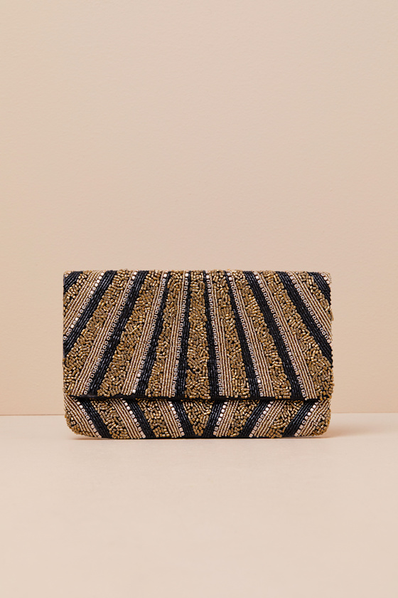 Lulus Pleased Rsvp Black And Gold Multi Striped Beaded Clutch In Black And Gold