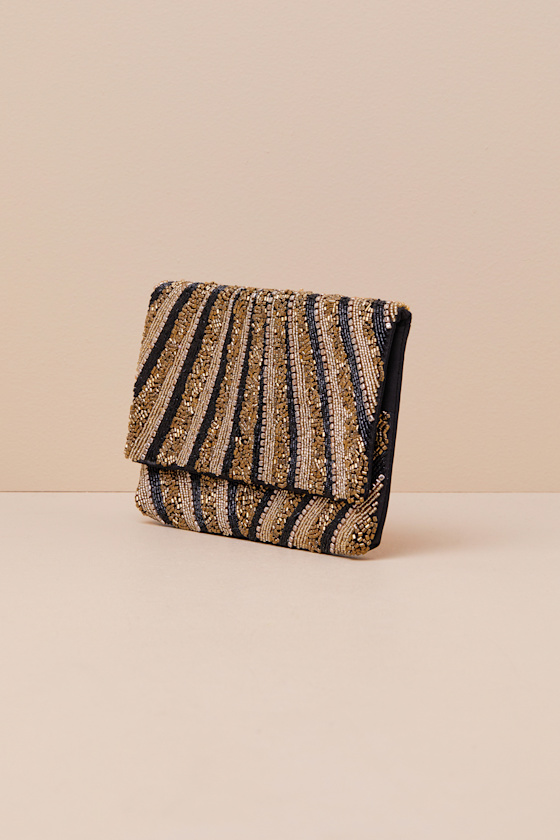 Lulus Pleased Rsvp Black And Gold Multi Striped Beaded Clutch In Black And Gold