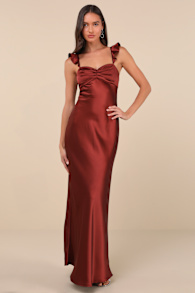 Exuberant Luxury Rust Satin Ruffled Lace-Up Maxi Dress 1