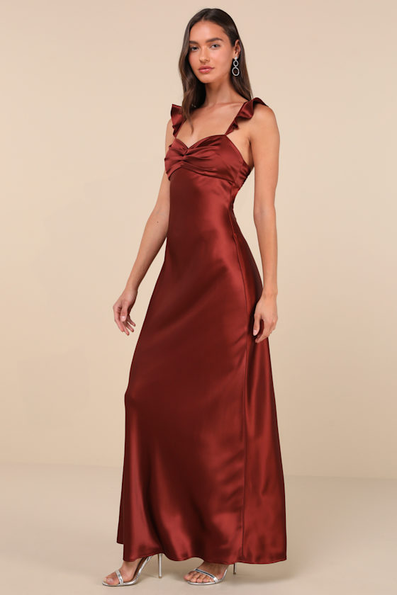 Lulus Exuberant Luxury Rust Satin Ruffled Lace-up Maxi Dress In Red