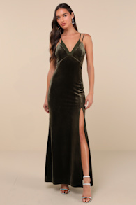 Immensely Glam Olive Green Velvet Backless Maxi Dress 1