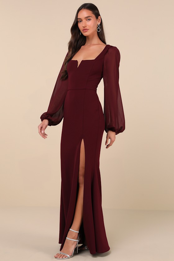 Lulus Composed Elegance Burgundy Balloon Sleeve Mermaid Maxi Dress In Burgundy