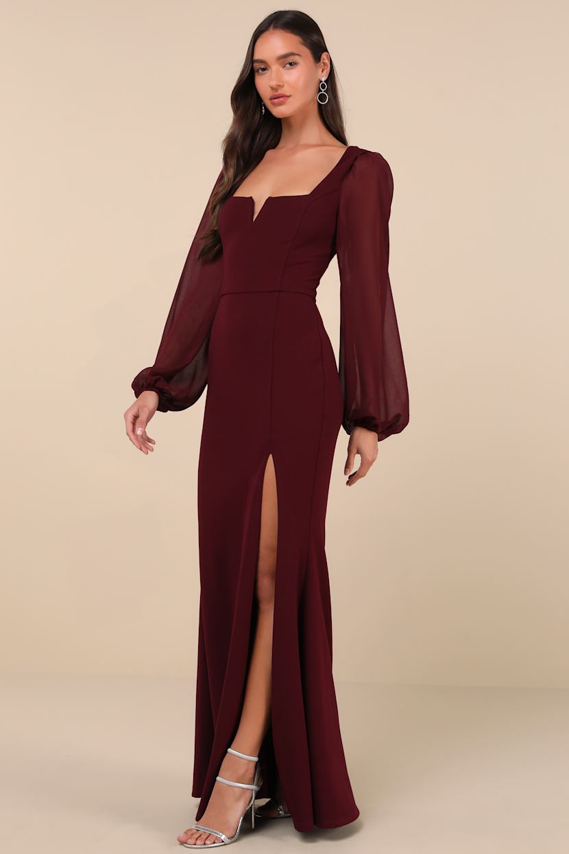 fitted lace wedding dress Maroon Modest Satin Ruffle Long Sleeves Mermaid Gown 20W main image 1