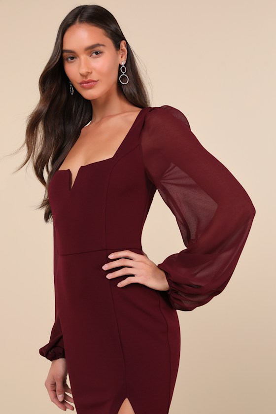 Lulus Composed Elegance Burgundy Balloon Sleeve Mermaid Maxi Dress In Burgundy