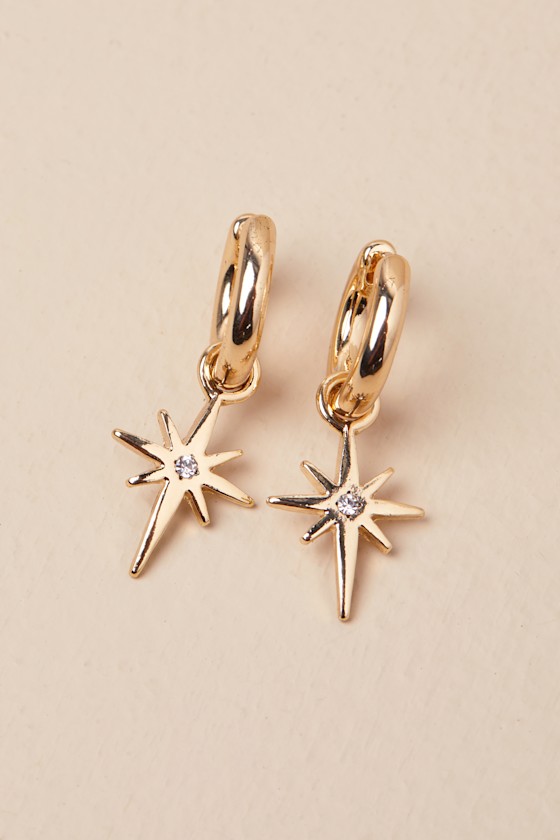 Gold Star Huggie Hoop Earrings: Dainty White Star Charm Earrings For Everyday Wear