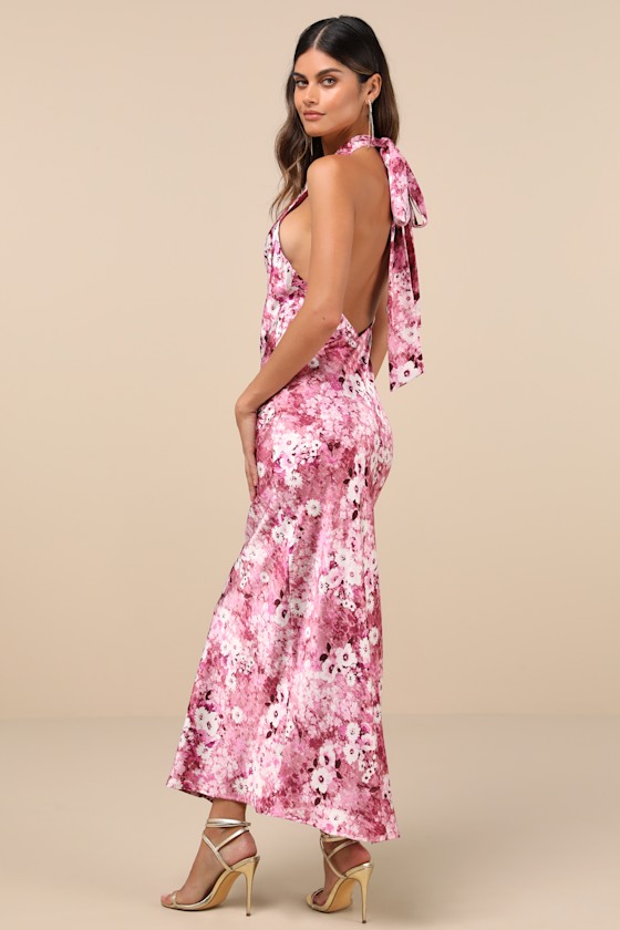 Lulus Glowing Presence Mauve Floral Satin Halter Maxi Dress