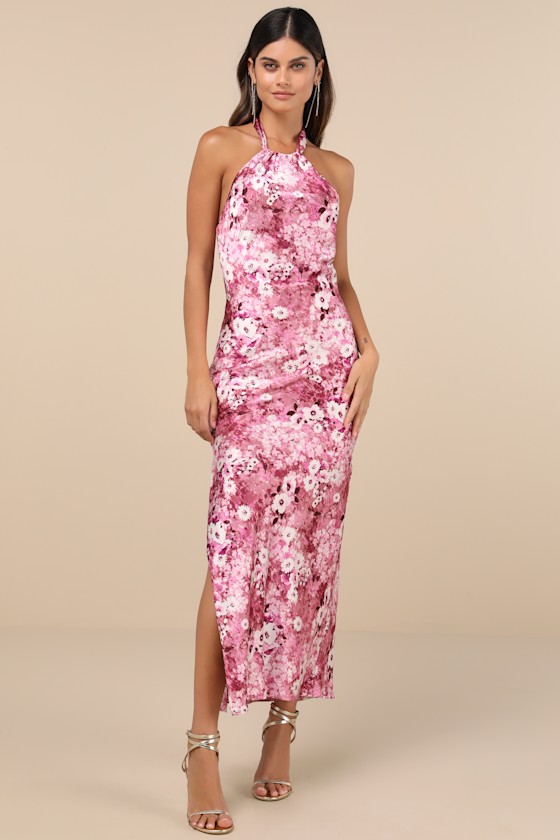 Image of Glowing Presence Mauve Floral Satin Halter Maxi Dress