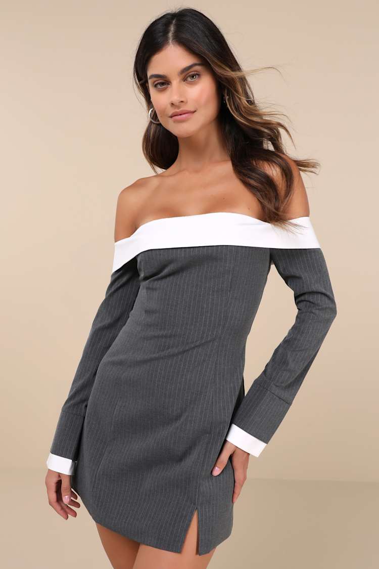 Grey Pinstriped Dress - Off-the-Shoulder Mini Dress - Suit Dress - Lulus