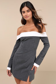 Distinct Composure Grey Pinstriped Off-the-Shoulder Mini Dress 1