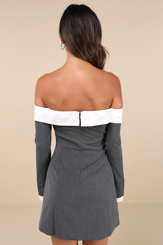LULUS DISTINCT COMPOSURE GREY PINSTRIPED OFF-THE-SHOULDER MINI DRESS