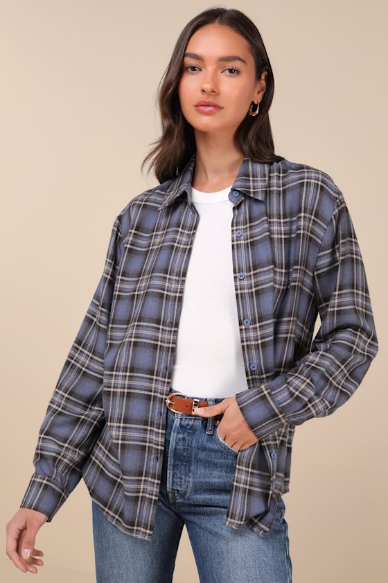 Lulus Seasonal Concept Blue Plaid Flannel Button-up Top In Blue